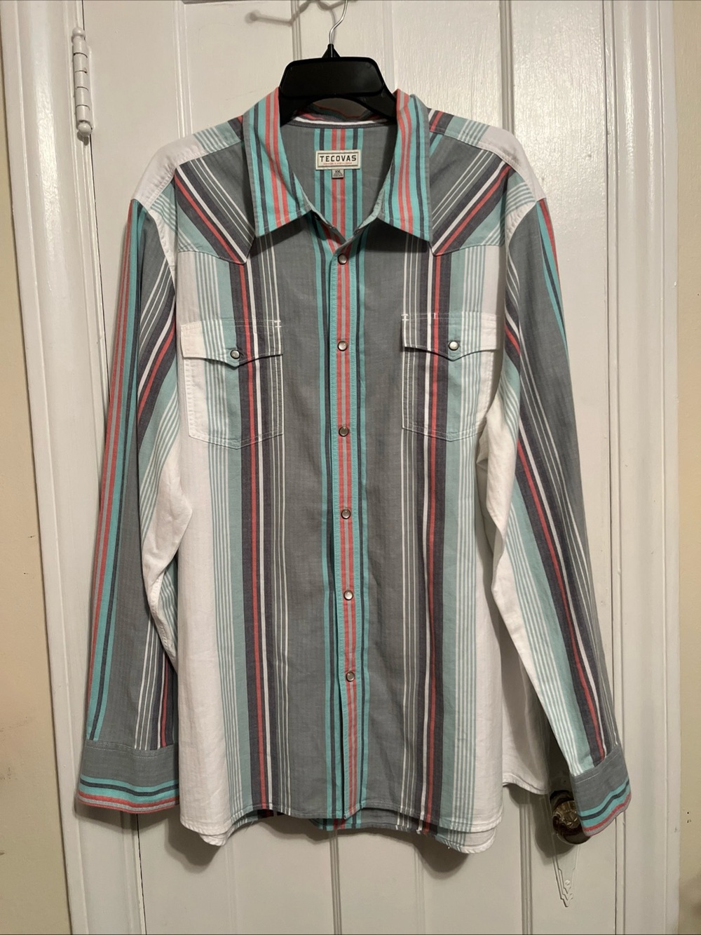 TECOVAS Men's XXL 2XL Western Shirt Pearl Snap Front Stripesblue Green Coral L/S